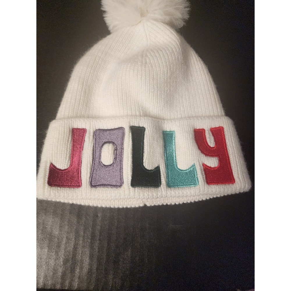 Unbranded Jolly White Knit Beanie Pom Pom Winter Hat Multi Color Letters